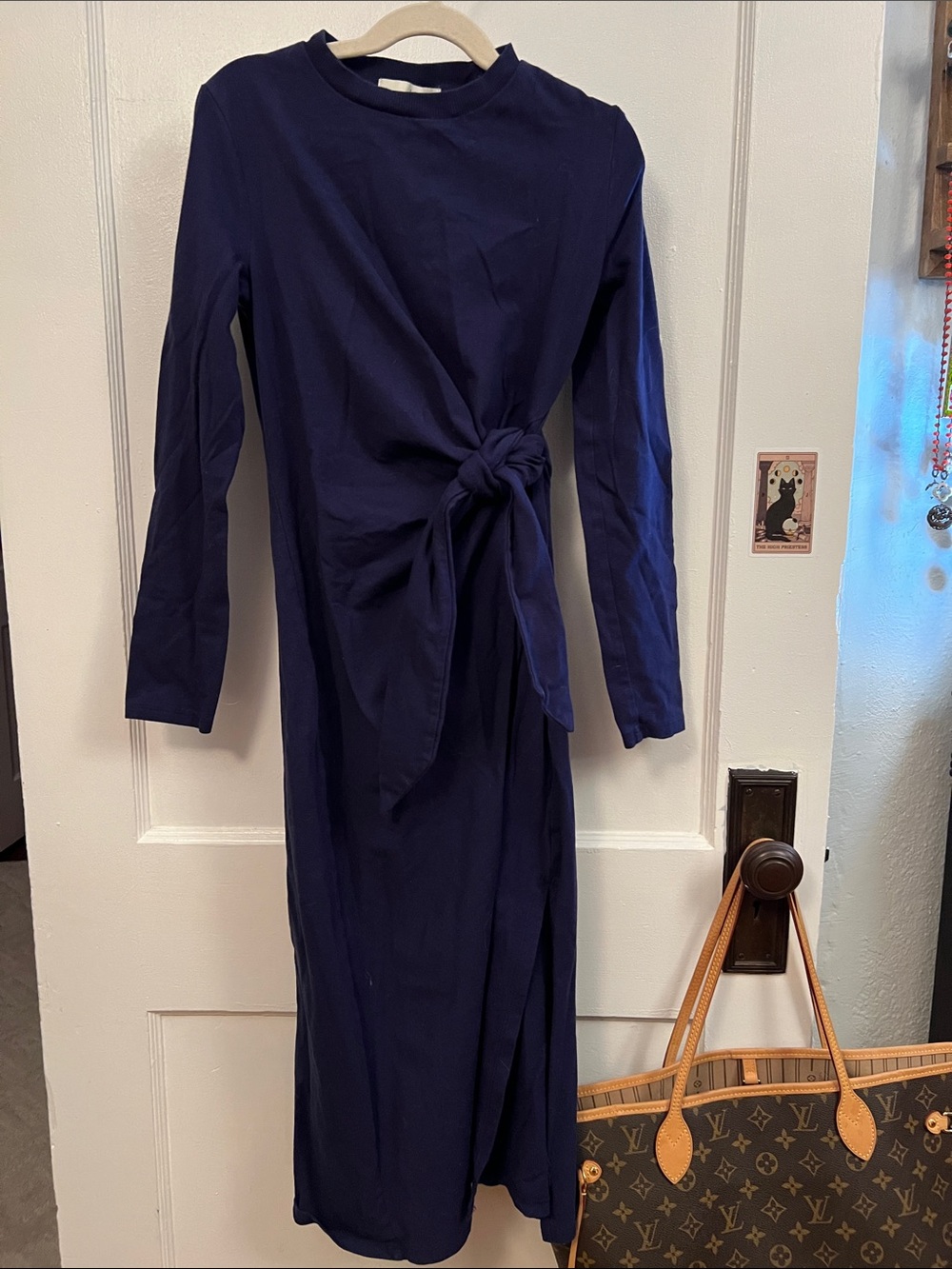 Daily Practice Long-Sleeve Navy Knot-Waist Midi Dress